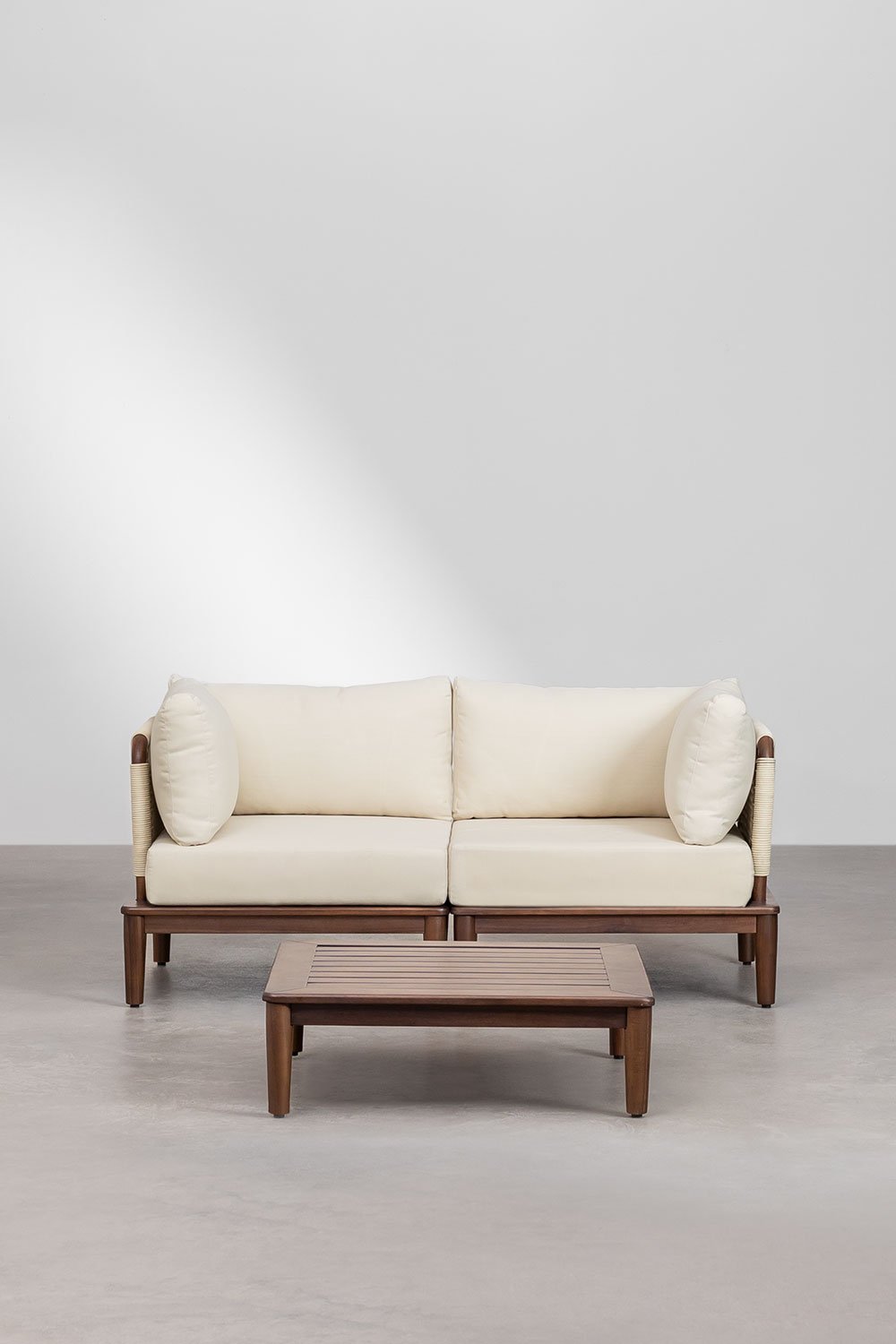 Set da salotto con divano modulare a 2 pezzi, 2 poltrone angolari e tavolino da caffè in acacia Giulia, immagine della galleria 2