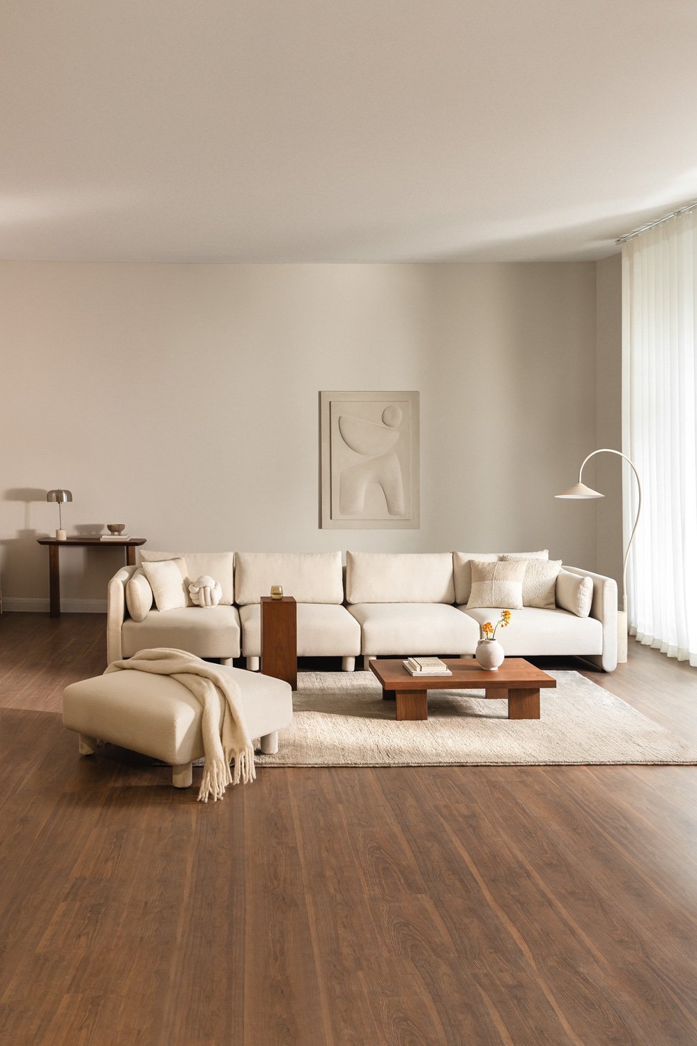 Divano componibile in 4 pezzi e pouf in tessuto Artemisa bouclé, immagine della galleria 1