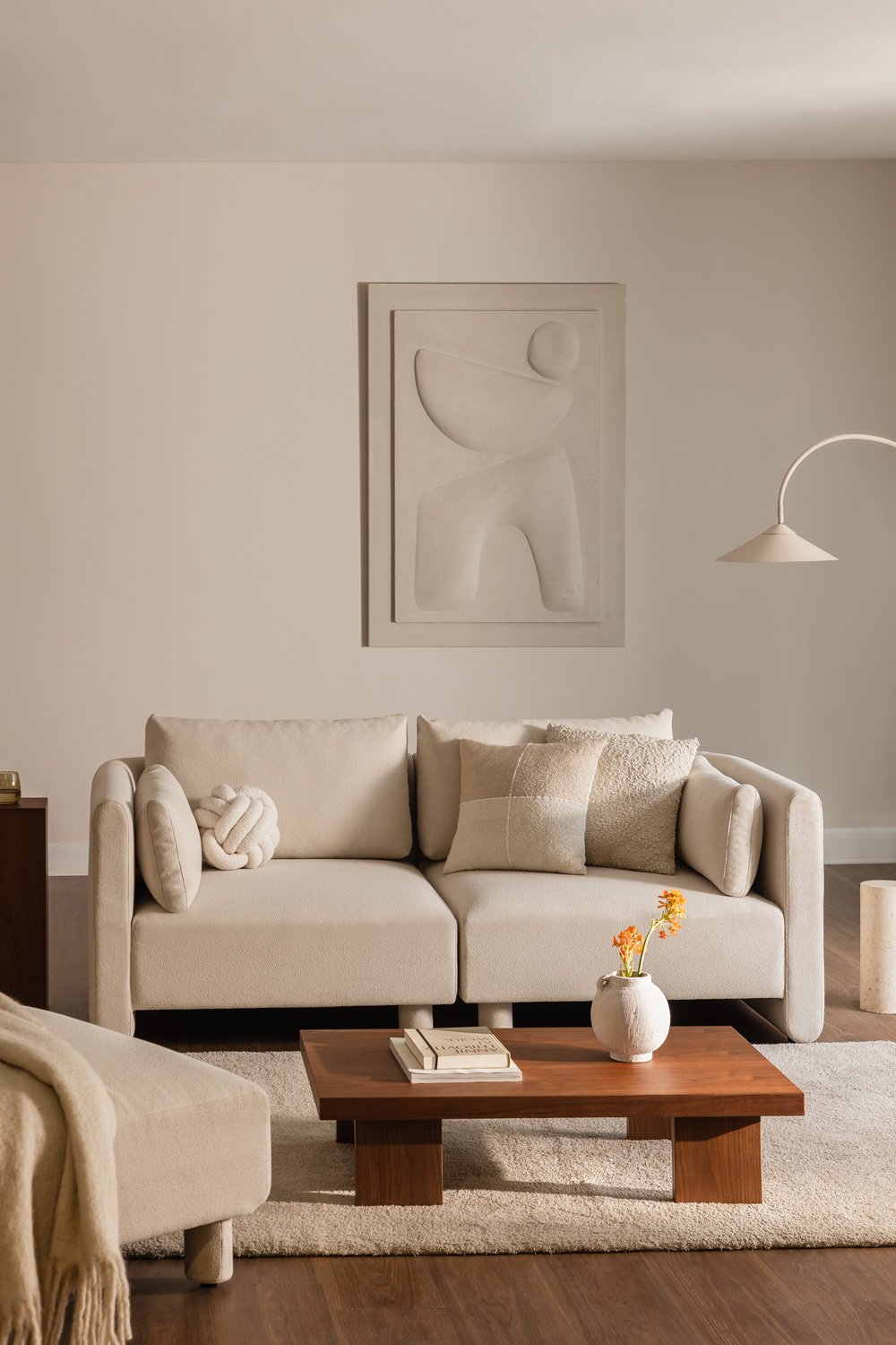Divano componibile in 2 pezzi e pouf in tessuto Artemisa bouclé, immagine della galleria 1