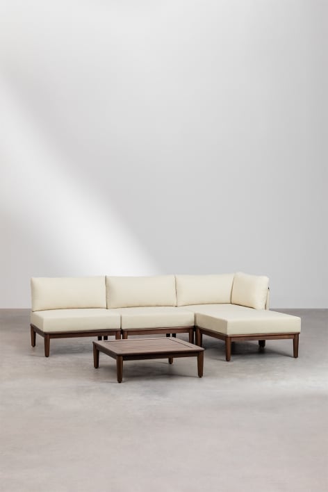 Set da salotto con divano modulare angolare a 3 pezzi, tavolino da caffè e pouf in acacia Giulia