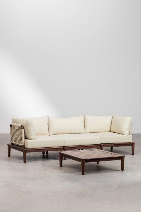 Set da salotto con divano modulare a 3 pezzi, 2 poltrone angolari e tavolino in acacia Giulia