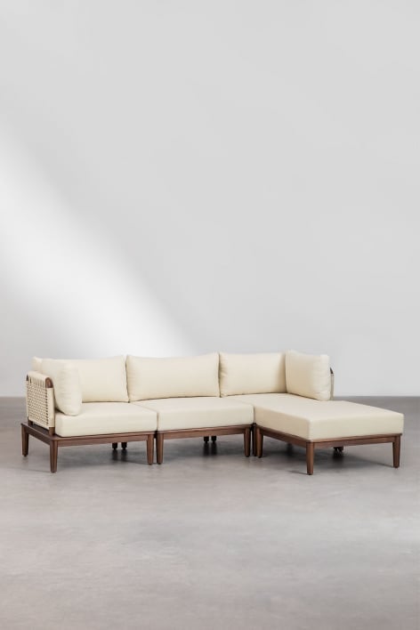 Divano modulare a 3 pezzi con 2 poltrone angolari e pouf in acacia Giulia