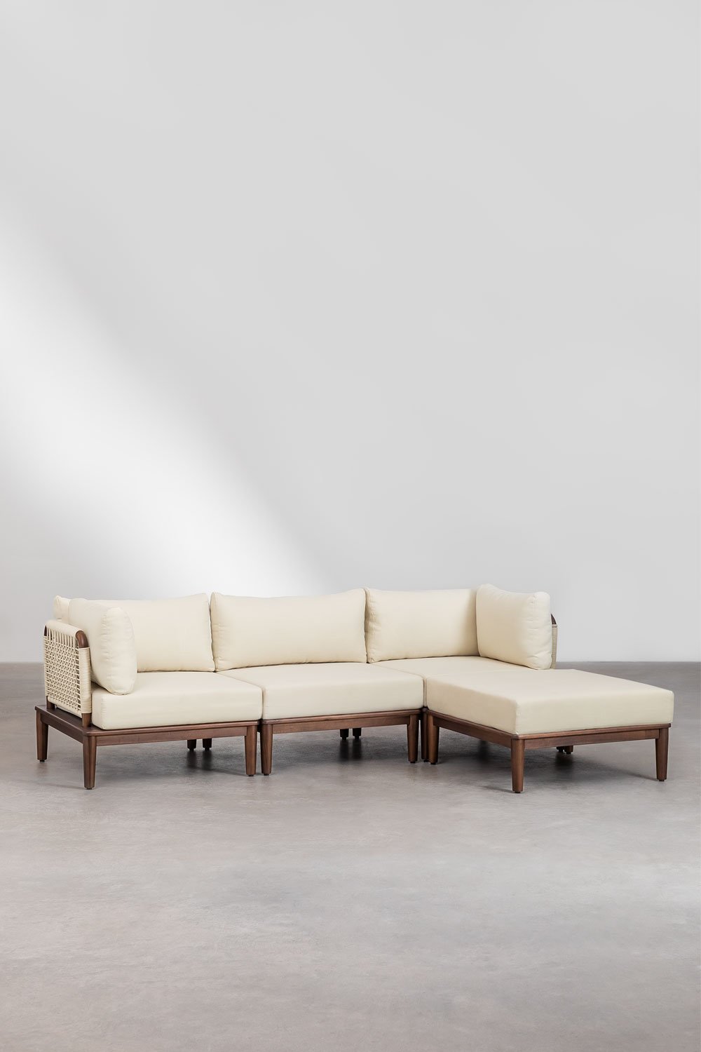 Divano modulare a 3 pezzi con 2 poltrone angolari e pouf in acacia Giulia, immagine della galleria 1