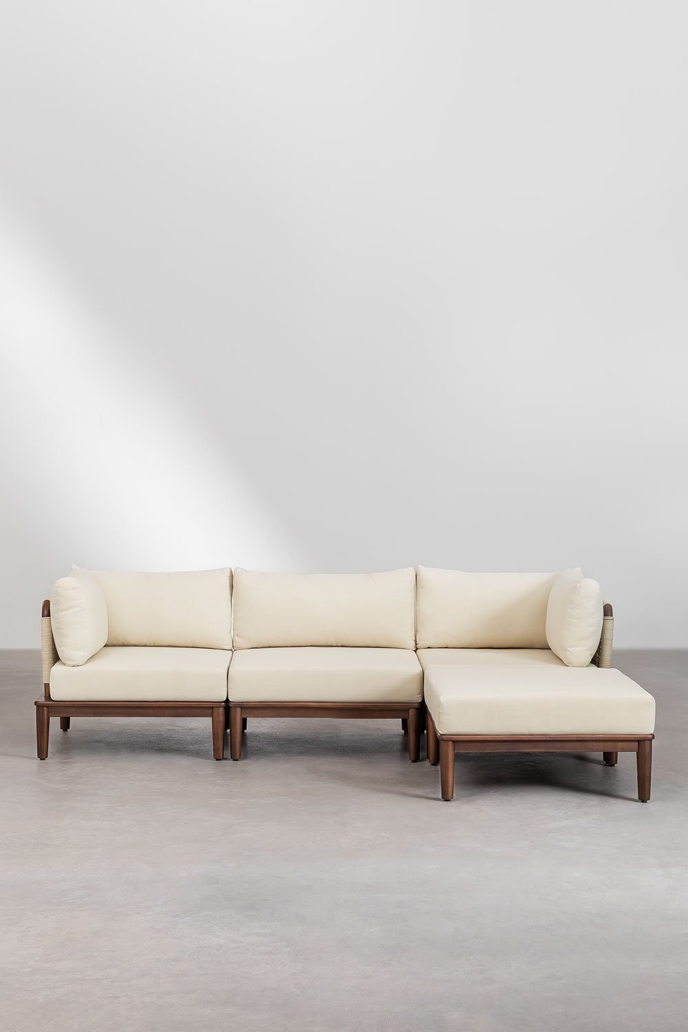 Divano modulare a 3 pezzi con 2 poltrone angolari e pouf in acacia Giulia, immagine della galleria 2
