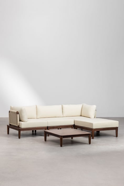 Set da soggiorno composto da un divano modulare a 3 pezzi con due poltrone angolari, un tavolino e un pouf in acacia Giulia.