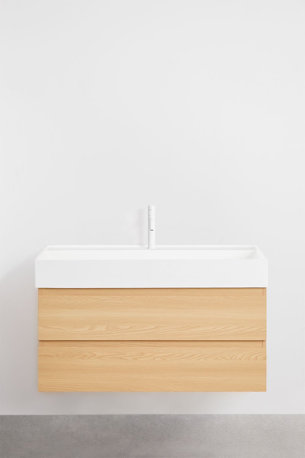 Set di mobili da bagno sospesi in legno e impiallacciatura di frassino con lavabo integrato Ona, immagine della galleria 2