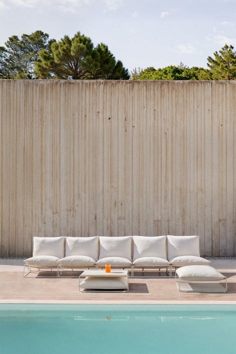 Set da giardino con divano modulare a 5 pezzi, tavolino laterale e pouf convertibili Amaro - Gardenia Bianco