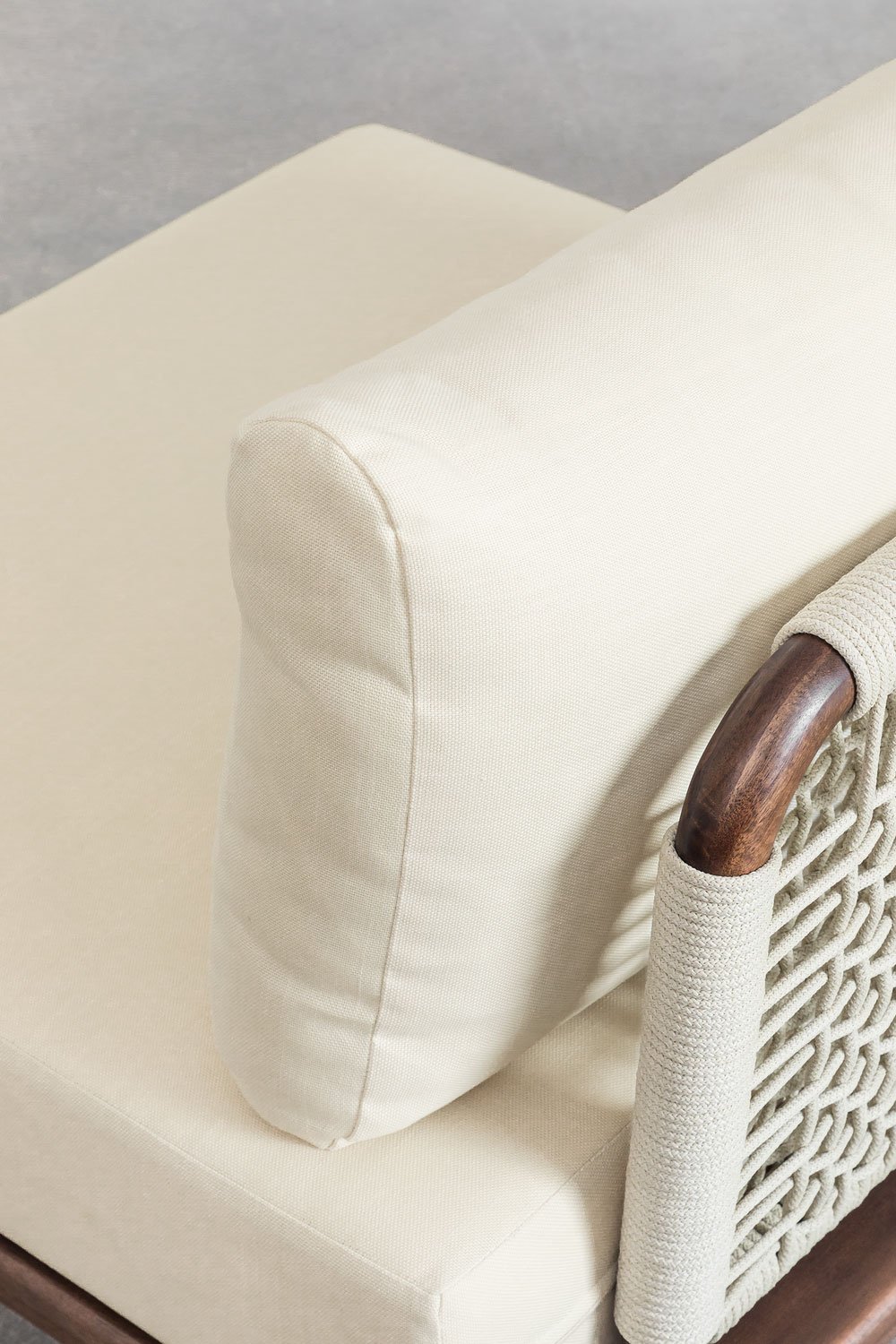 Set da salotto con divano modulare a 3 pezzi con 2 poltrone angolari, pouf, poltrona e tavolino in acacia Giulia, immagine della galleria 2