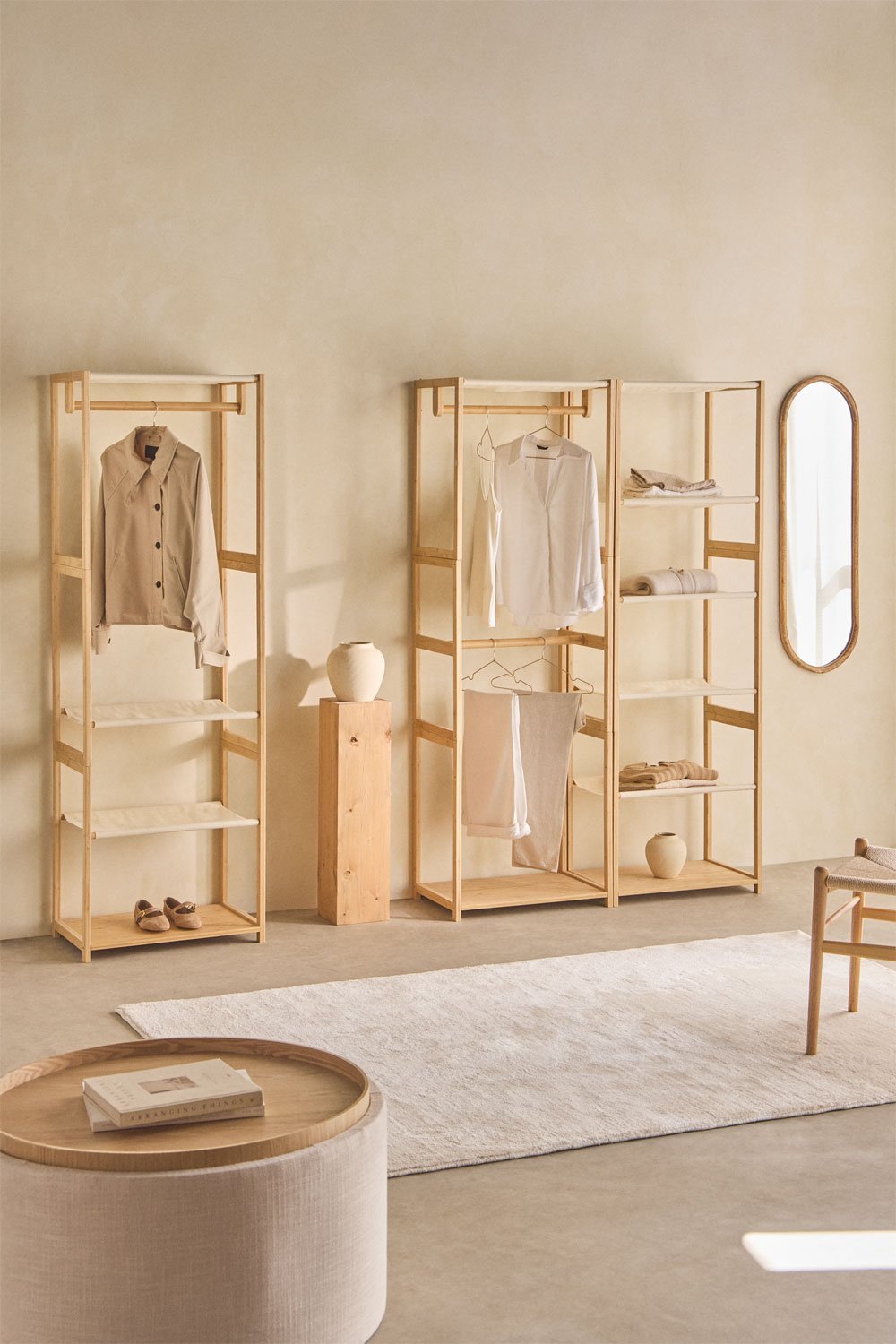 Armadio modulare aperto Deneb Bamboo a 3 pezzi con ripiani e appendiabiti, immagine della galleria 1
