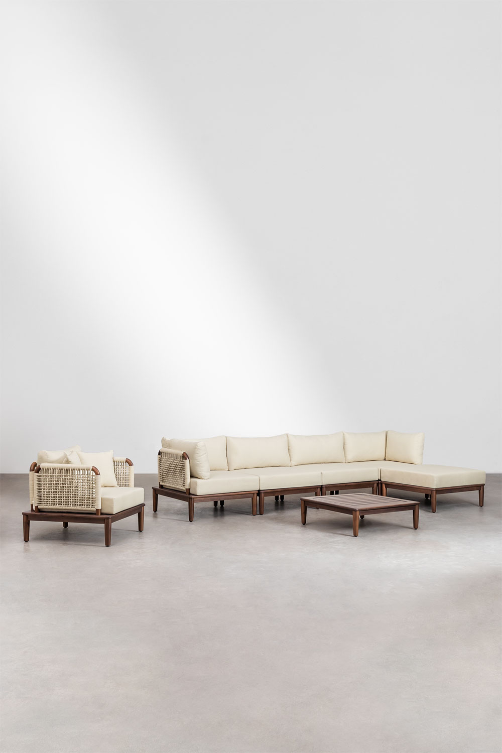 Set Da Salotto Con Divano Modulare 4 Pezzi Con 2 Poltrone Angolari Tavolino Da Caffe Pouf E Poltrona In Acacia Giulia