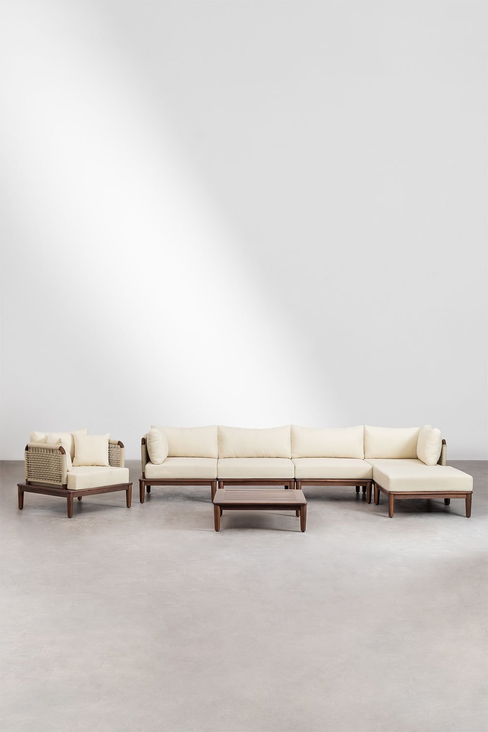 Set da salotto con divano modulare 4 pezzi con 2 poltrone angolari, tavolino da caffè, pouf e poltrona in acacia Giulia, immagine della galleria 3