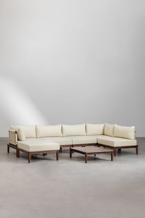 Set da soggiorno con divano angolare modulare da 5 pezzi, tavolino e pouf in acacia Giulia