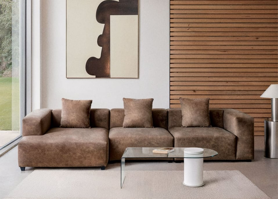 Divano modulare con chaise longue sinistra a 3 pezzi ↔︎335 cm con bracciolo alto Bruna