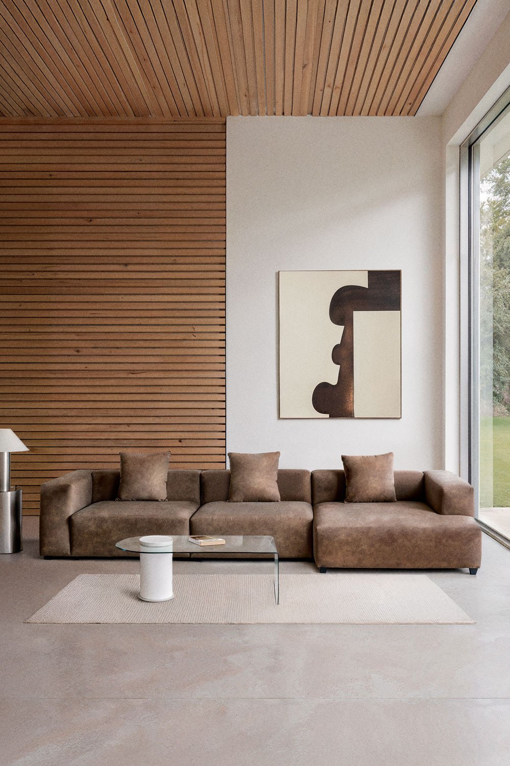 Divano modulare con chaise longue destra a 3 pezzi (↔︎375 cm) con bracciolo alto Bruna, immagine della galleria 1