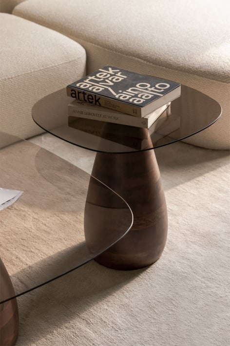 Tavolino quadrato 50x50 cm in legno di mango e vetro temperato Mariana