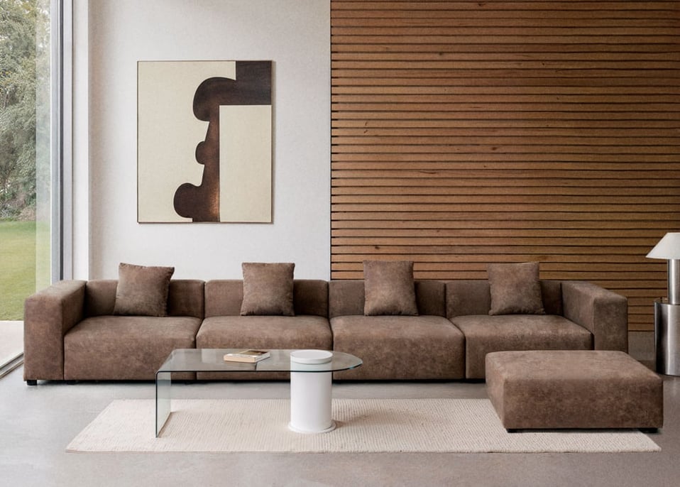 Divano modulare a 4 pezzi con bracciolo alto e pouf ↔︎480 cm Bruna - Pelle scamosciata marrone caffè