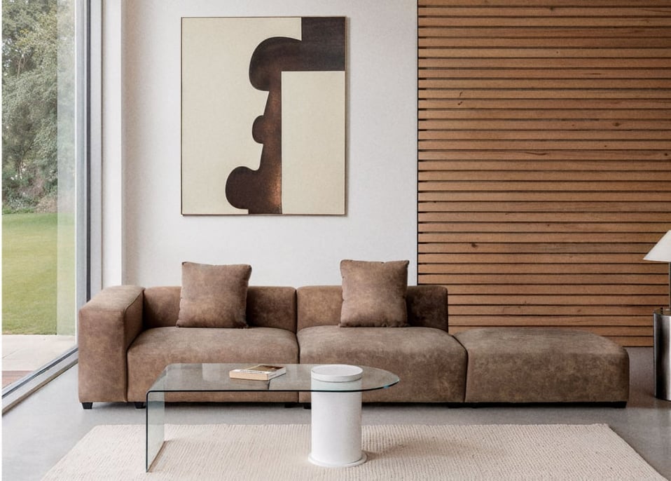 Divano modulare angolare sinistro a 2 pezzi con bracciolo alto e pouf ↔︎345 cm Bruna - Pelle scamosciata marrone caffè