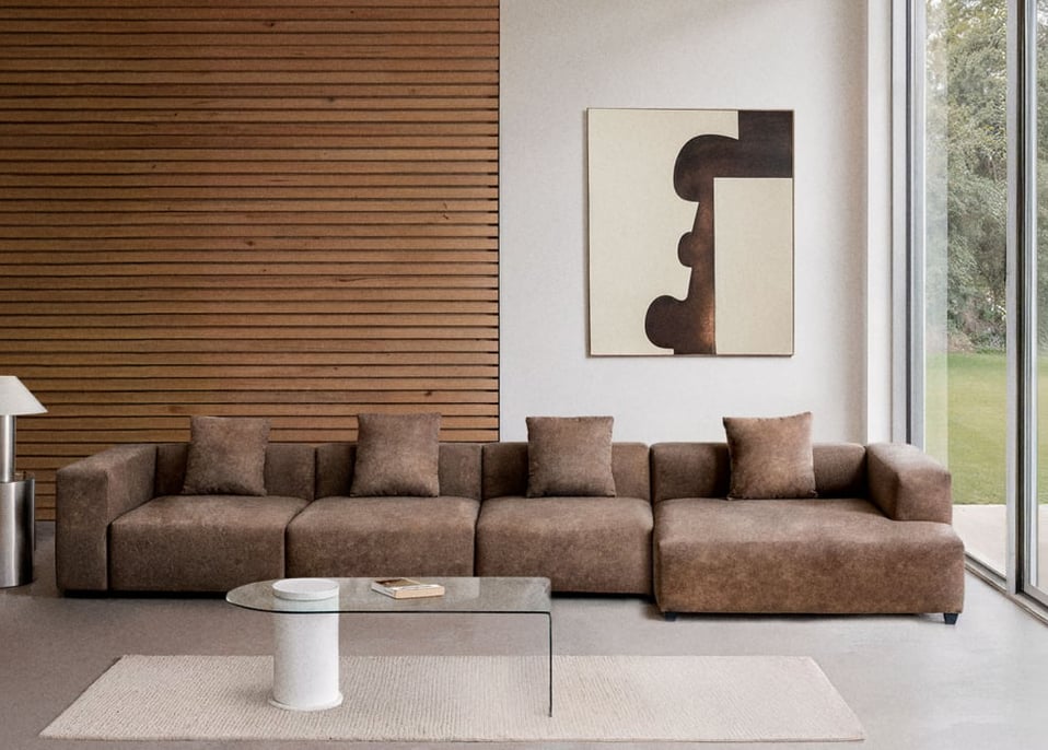 Divano modulare con chaise longue destra a 4 pezzi (↔︎420 cm) con bracciolo alto Bruna