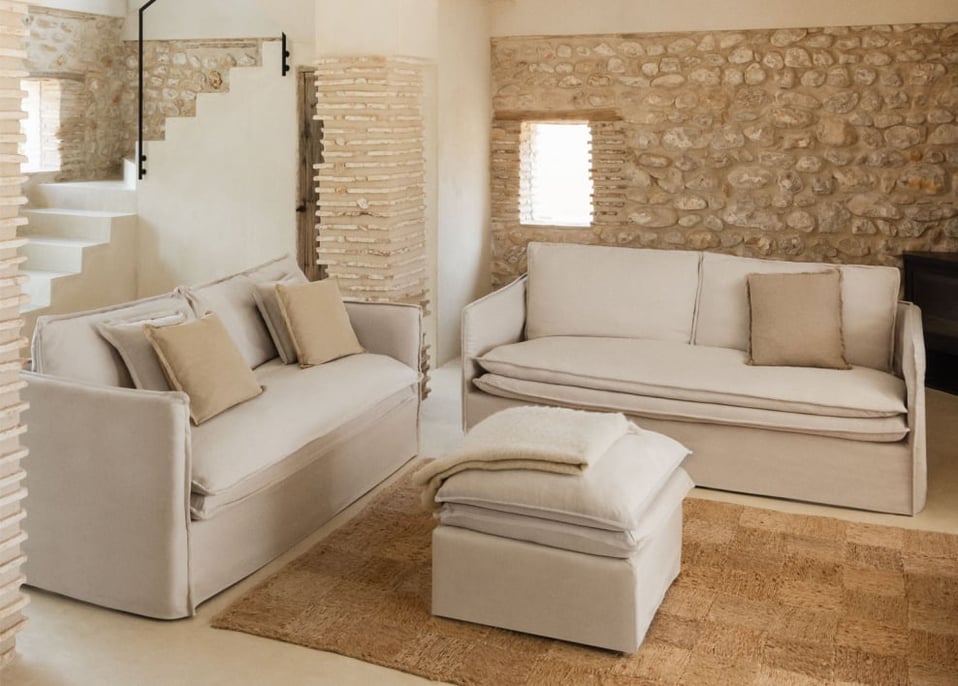 Set da soggiorno con divano a 2 posti, divano a 3 posti e pouf in lino e cotone Grace