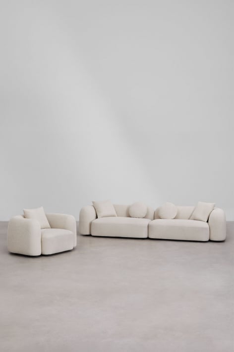 Set da soggiorno con divano modulare a 2 pezzi e poltrona in ciniglia Coco - Ciniglia Spessa Bianco
