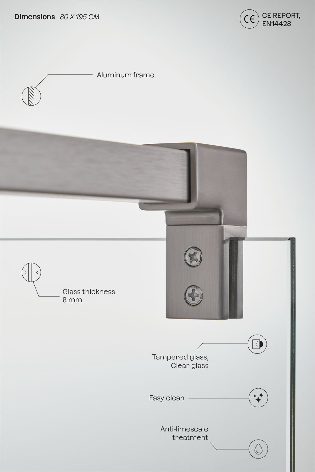 Parete doccia fissa con vetro temperato da 8 mm e alluminio Bristol, immagine della galleria 4