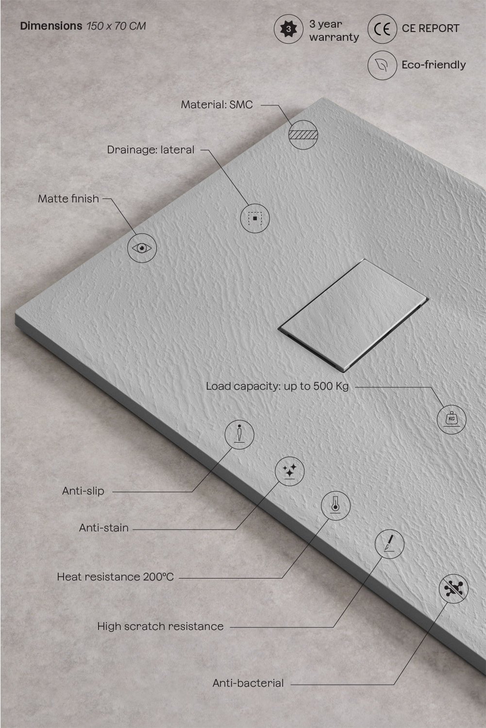 Piatto doccia Soho rettangolare, antiscivolo, extrapiatto in resina SMC, immagine della galleria 3