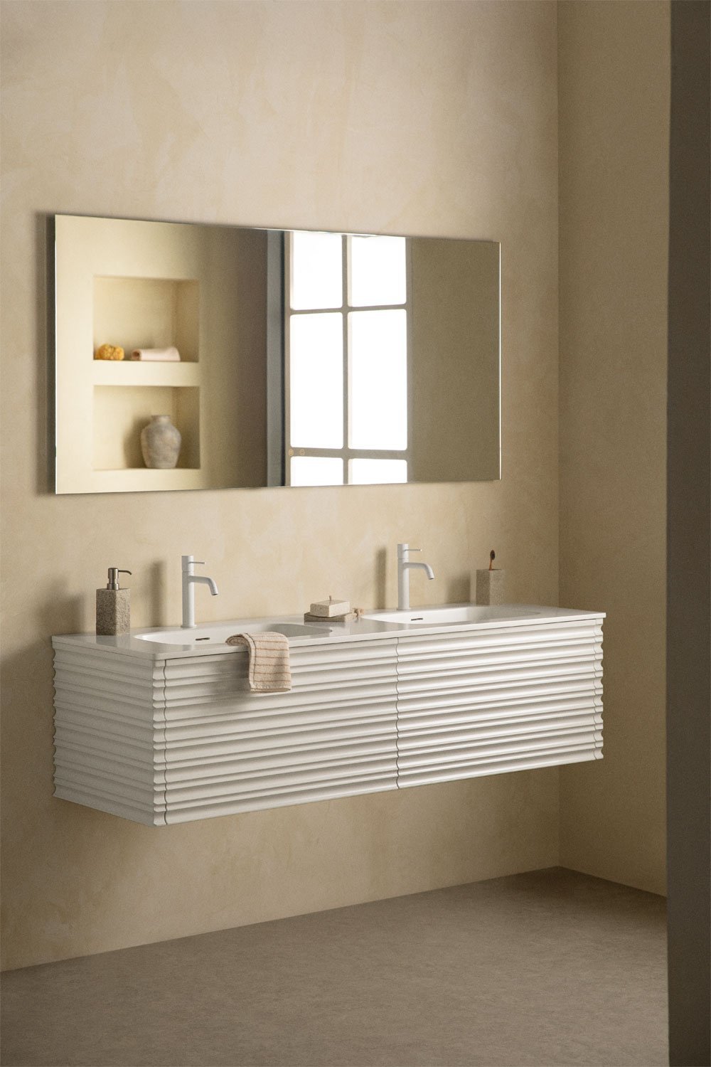 Set mobili da bagno in legno Noura con lavabi integrati, immagine della galleria 1