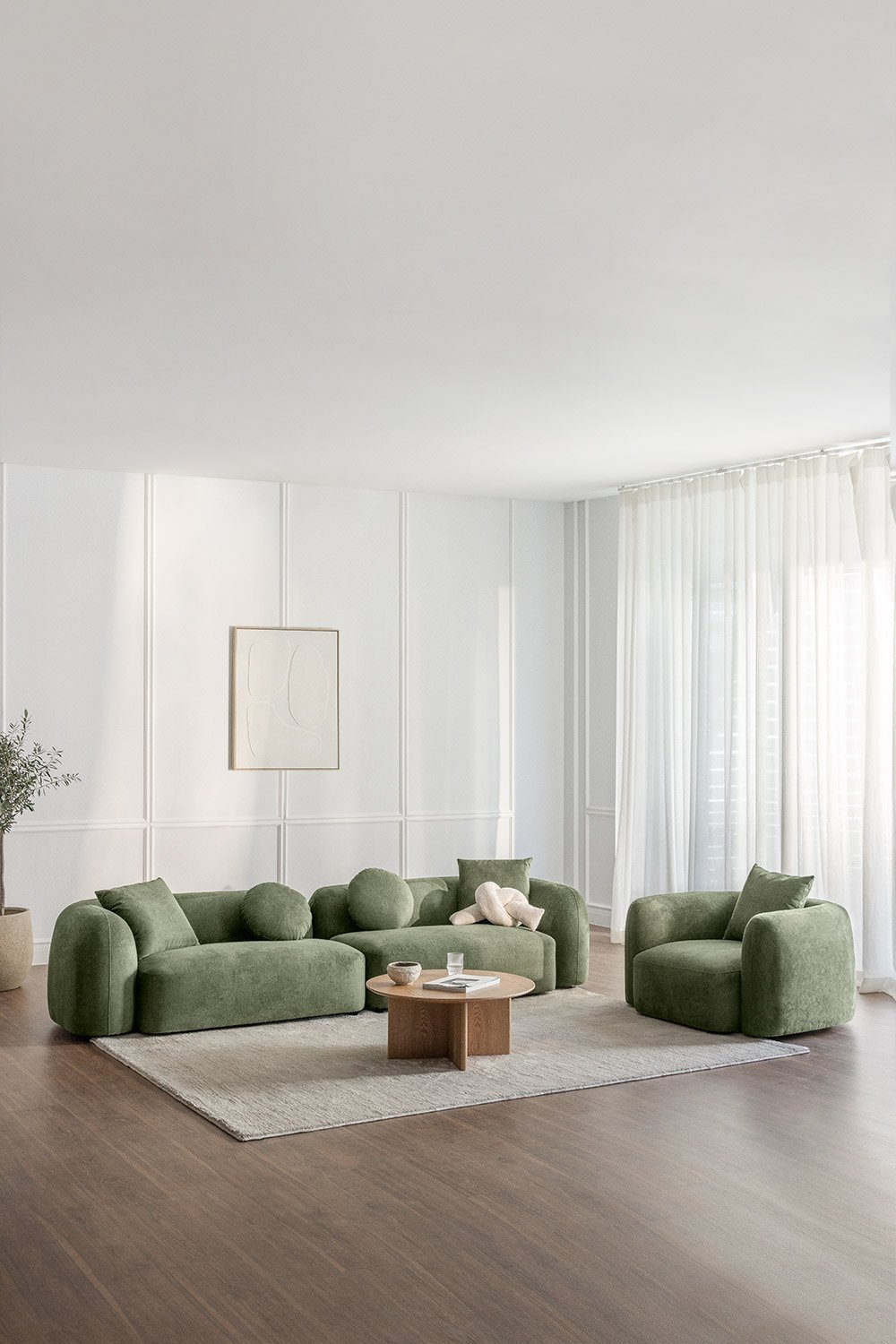 Set da soggiorno con divano modulare a 2 pezzi e poltrona in ciniglia Coco, immagine della galleria 12