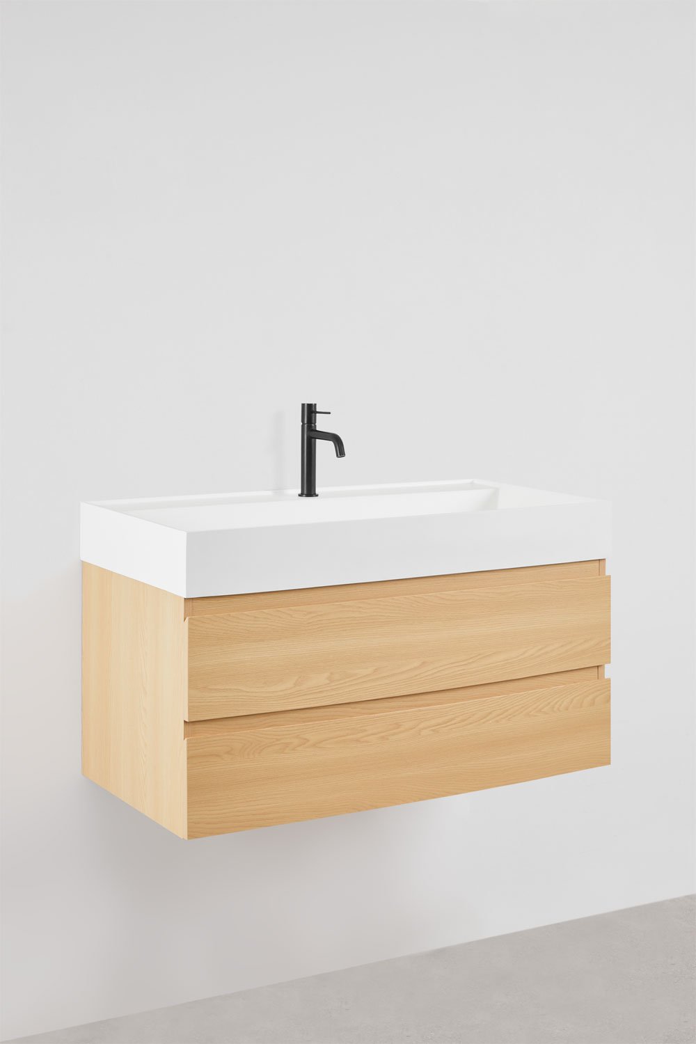Set di mobili da bagno sospesi in legno e impiallacciatura di frassino con lavabo integrato Ona, immagine della galleria 3