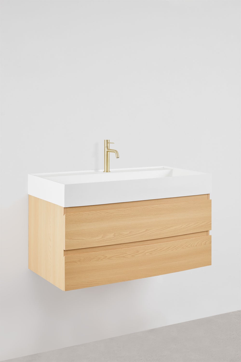 Set di mobili da bagno sospesi in legno e impiallacciatura di frassino con lavabo integrato Ona, immagine della galleria 3