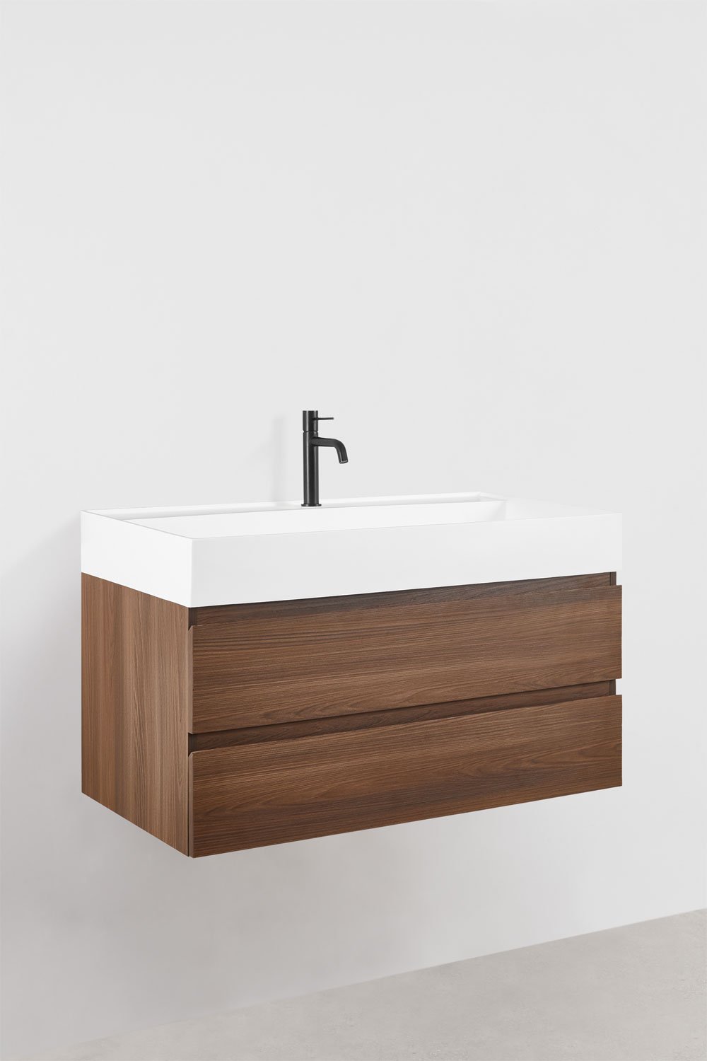 Set di mobili da bagno sospesi in legno e impiallacciatura di frassino con lavabo integrato Ona, immagine della galleria 3