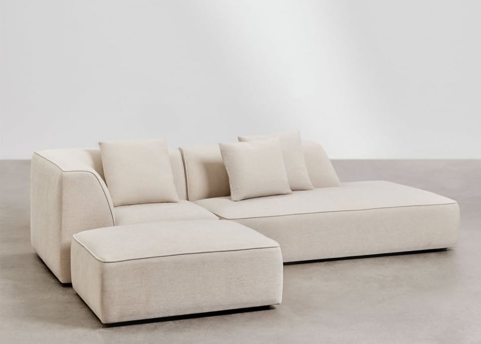 Divano angolare componibile Cardea 2 pezzi con chaise longue destra e pouf imbottito - Ciniglia Beige Crema