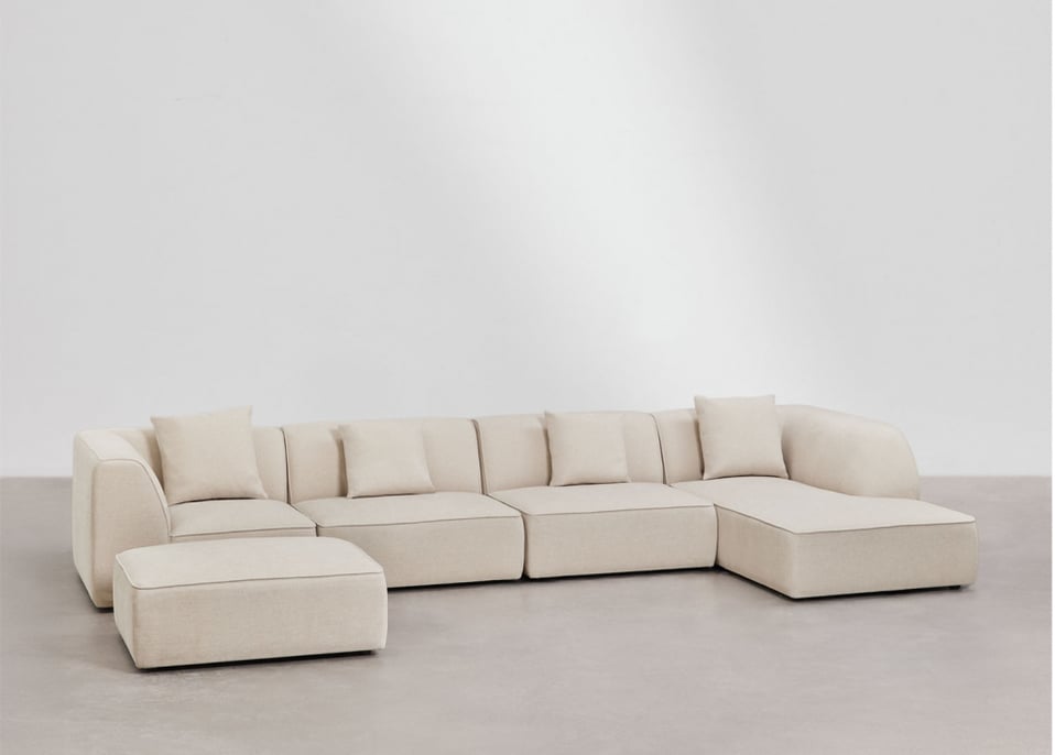 Divano componibile chaise longue destro a 4 pezzi con pouf imbottito Cardea - Ciniglia Beige Crema