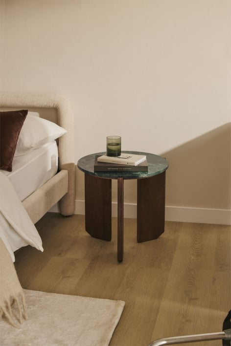 Comodino rotondo Lavinia, Ø50 cm, in pietra naturale e legno di mango