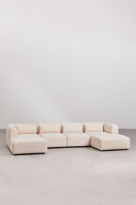Divano componibile Fogler 4 pezzi con chaise longue e pouf - Ciniglia Crema Beige