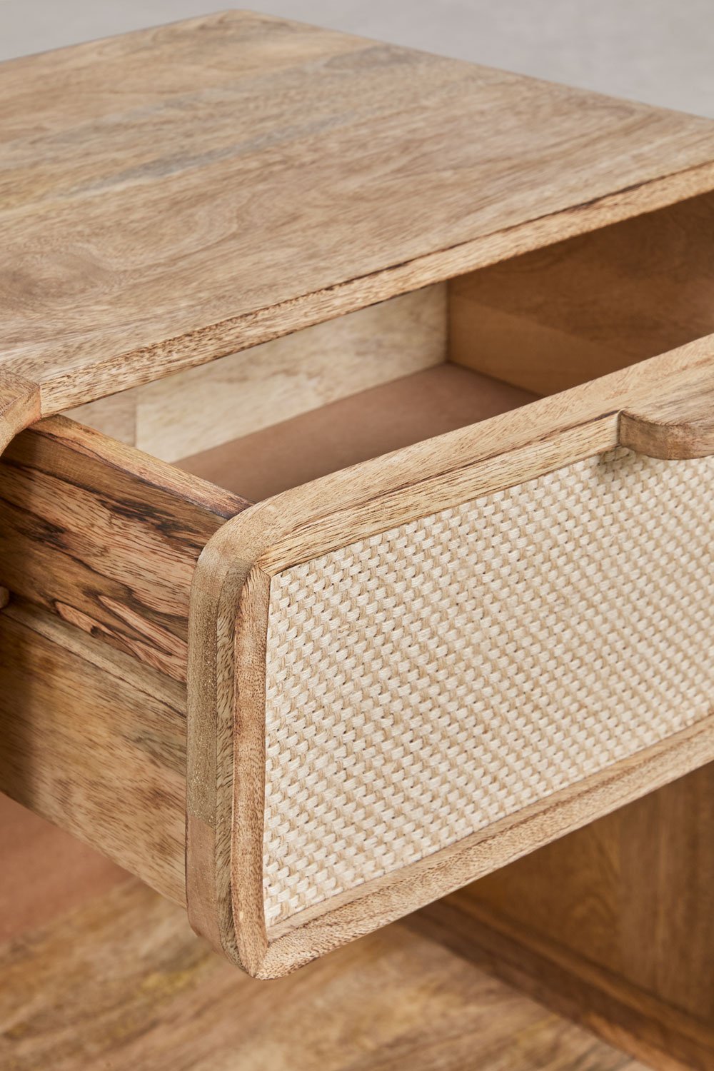 Confezione da 2 comodini rettangolari 40x30 cm in legno di mango, MDF e juta Abrams, immagine della galleria 6