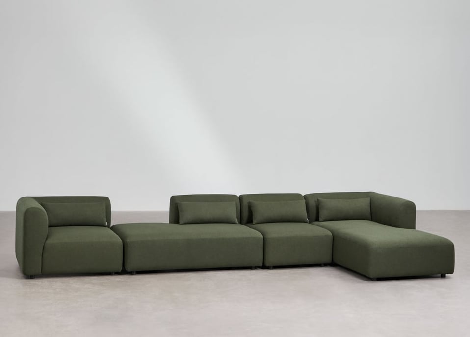 Divano modulare con chaise longue destra in 4 pezzi con chaise lounge Fogler - Ciniglia Verde Salvia