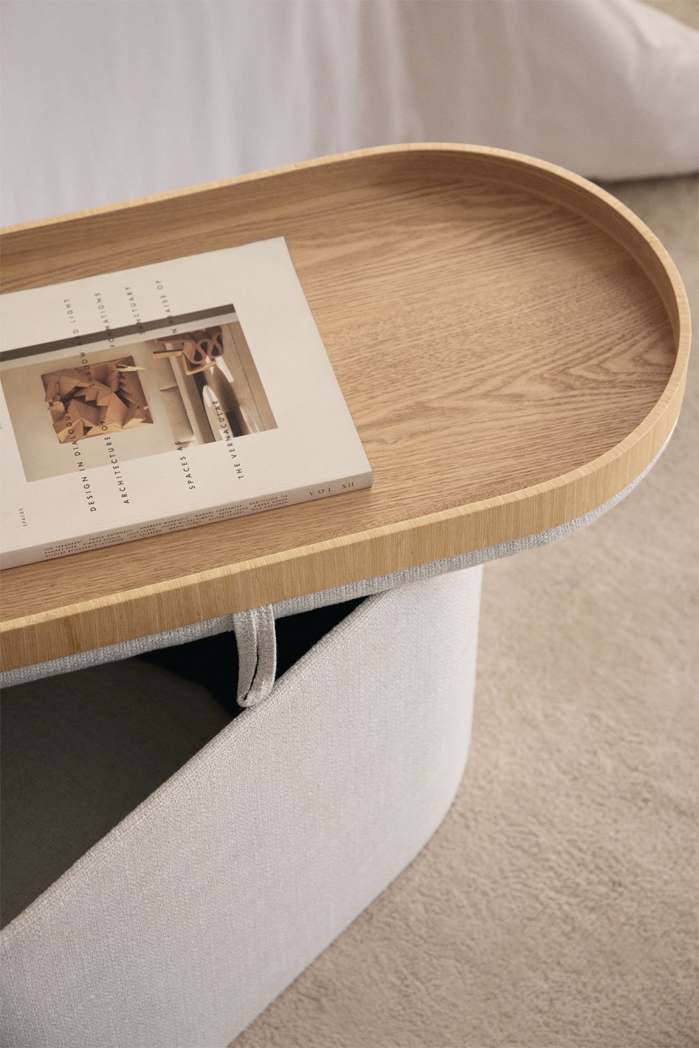 Pouf ovale 70 cm con vassoio e contenitore imbottito Berkeleni, immagine della galleria 2