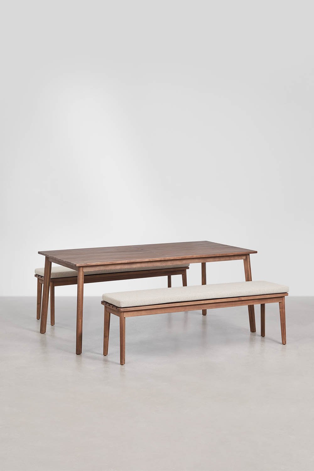 Set da tavolo rettangolare 180x90 cm e 2 panche da giardino in legno di acacia Kaela, immagine della galleria 3