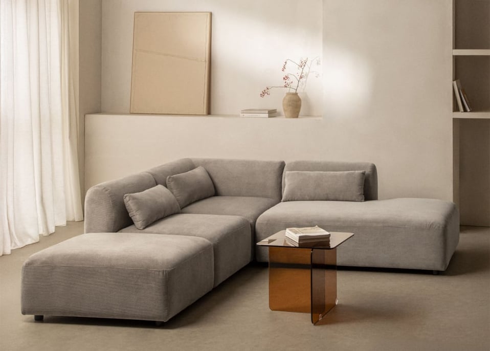 Divano angolare componibile in 3 pezzi con chaise longue destra e pouf Fogler - Velluto a Coste Grigio Talpa Chiaro