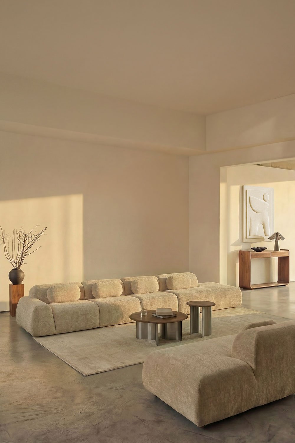 Divano modulare angolare a 4 pezzi con chaise longue destra in ciniglia confezionato sottovuoto Merida, immagine della galleria 1