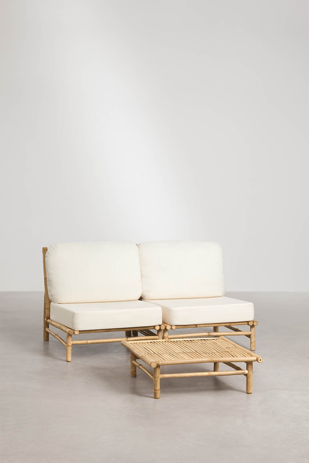 Set da giardino con divano modulare a 2 pezzi e tavolino quadrato 75x75 cm in bambù Isendra, immagine della galleria 1