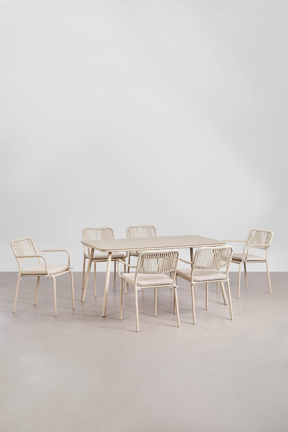 Set da tavolo rettangolare 160x90 cm e 6 sedie da giardino impilabili in corda intrecciata Arhiza, immagine della galleria 1