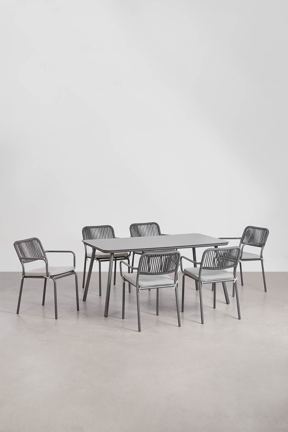 Set da tavolo rettangolare 160x90 cm e 6 sedie da pranzo impilabili in corda intrecciata Arhiza, immagine della galleria 1