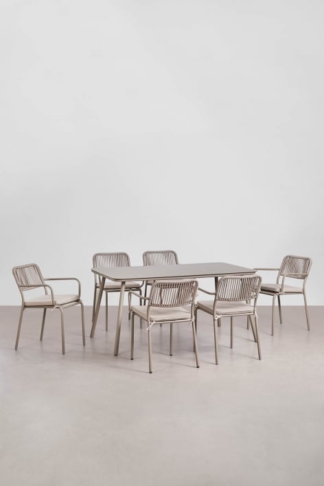 Set da tavola rettangolare 160x90 cm e 6 sedie da pranzo impilabili in alluminio Arhiza