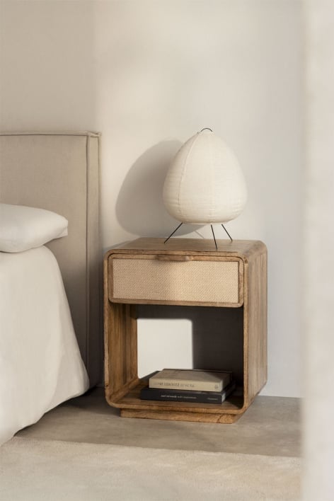 Mesita da notte rettangolare 40x30 cm in legno di mango, MDF e juta Abrams