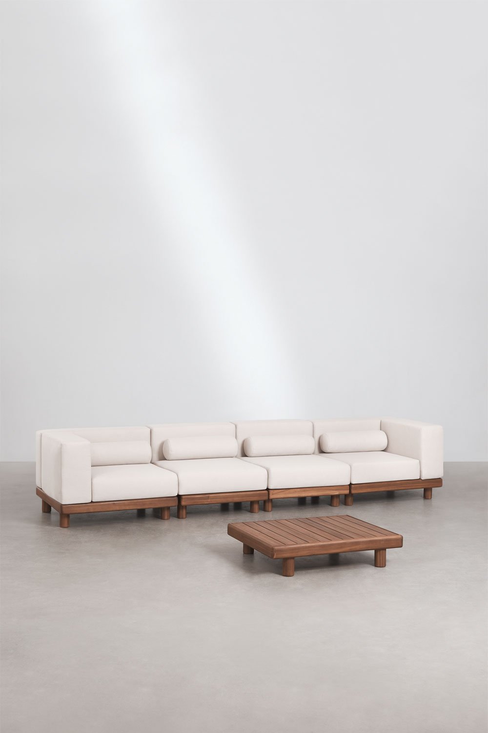 Set da giardino con divano modulare a 4 pezzi con 2 moduli angolari e tavolino in acacia Edrien, immagine della galleria 1