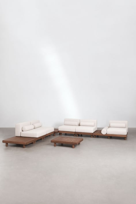 Set da giardino con divano modulare angolare a 5 pezzi con tavolino laterale e 3 tavolini da centro in acacia Edrien