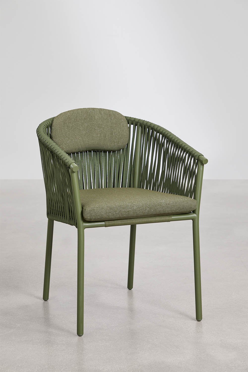 Set di 4 sedie da pranzo impilabili con braccioli in alluminio e corda intrecciata Ondina, immagine della galleria 1