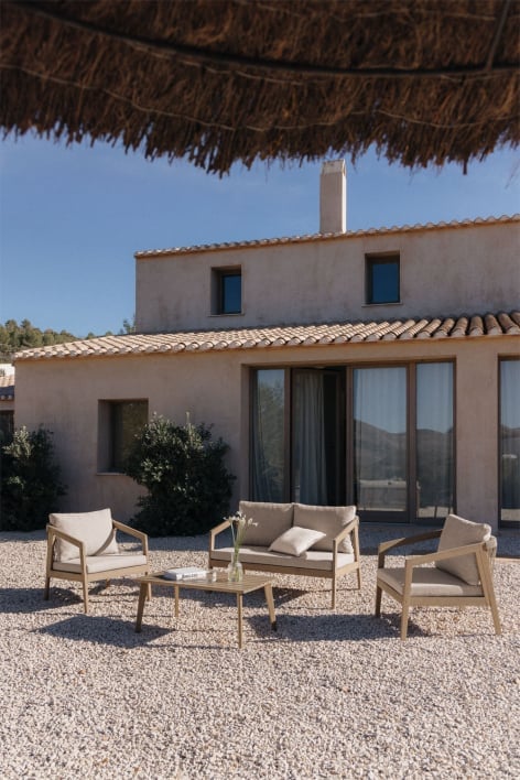 Set da giardino con divano 2 posti, 2 poltrone e tavolino in legno di acacia e corda intrecciata Kaela